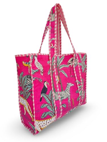 Image of Cotton Tiger Block Print Tote Bag, Indian Handmade Shopping Shoulder Bag, Unisex Market Daily Use