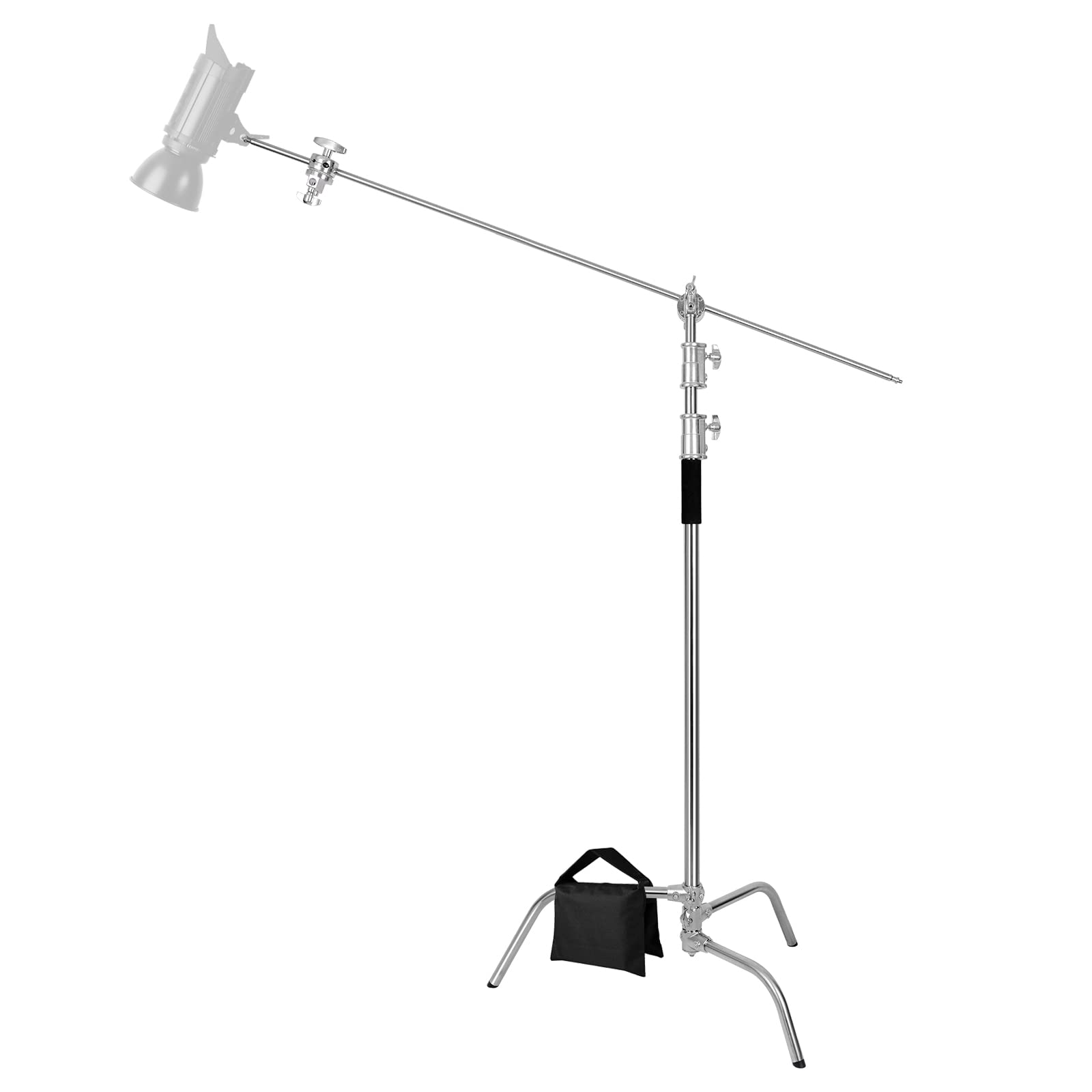 Soporte C de acero inoxidable con brazo de brazo de brazo de altura máxima de 330 cm, soporte de luz de fotografía resistente con brazo de sujeción de 128 cm, bolsa de arena para cajas de luz