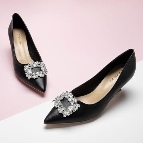 C.Paravano Women's Pumps I Pointed Toe Kitten Heels I Grain Leather Pump Shoes I Crystal Buckled Pumps I Dress Wedding Shoes (Size 11,Black)2