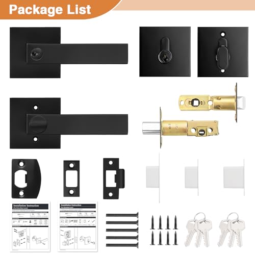 Probrico Flat Black Entry Levers Lock Sets and Single Cylinder Deadbolts Keyed Alike Combination Set, Heavy Duty Square Entry Door Locksets Front Door Bedroom Entrance Handles, 1 Pack(All Same Keys) by Probrico - Image 7