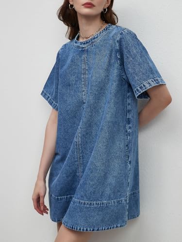 LifeShe Denim Dress for Women Summer Casual Short Sleeve Chambray Mini Jean Dresses with Pockets4