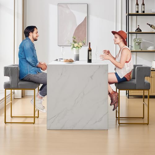 Image of 26 inch H Velvet Bar Stools Set of 6, Counter Height Bar Seats with Square Back, Modern Upholstered Armless Barstools with Metal Gold Legs for Kitchen Island Dining Room Bar, Grey