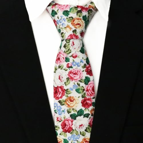 Image of Cotton Floral Ties for Men 2.76 inch Men's Skinny Tie Linen Flower Printed Neck Tie for Wedding Dating Party
