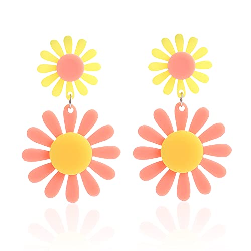 YUNXI 60s 70s Daisy Earrings for Women Orange Flower Drop Dangle Bohemian Boho Jewelry Petals Hawaii Sunflower Acrylic Earrings for Women