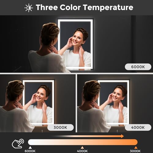 Image of Koonmi 20x28 LED Bathroom Mirror, Backlit + Front Lit, LED Bathroom Mirror with Lights for Wall, 3 Colors, Anti-Fog, Dimmable Brightness, Memory Function, Tempered Glass
