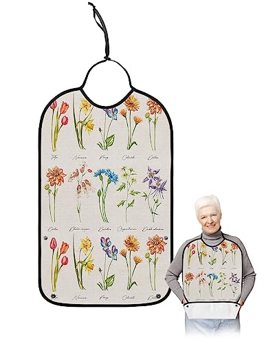 LEOKOTI Vintage Botanical Flowers Adult Bibs for Eating, Waterproof Bibs with Food Catcher & Adjustable Snap Closure, Herbs Therapeutic Spring Clothing Protectors Adult Bibs for Elderly Women/Men