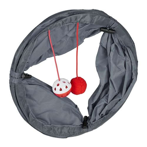 Relaxdays Katzentunnel faltbar, BxD: ca. 50x25 cm, Katzenröhre mit Spielzeug & Tasche, interaktiver Spieltunnel, grau
