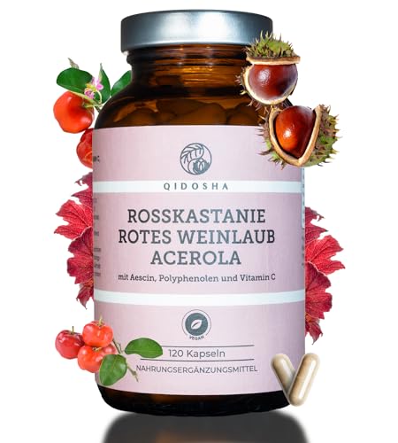 QIDOSHA Rosskastanie Rotes Weinlaub Acerola Komplex Kapseln 120 Kapseln im Apothekerglas deutsche Fertigung jede Charge laborgeprüft