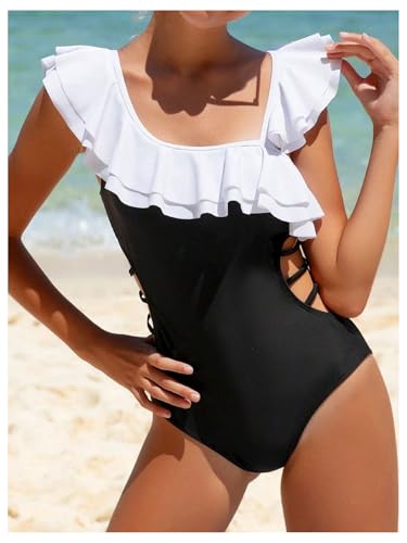 OYOANGLE Girl's Color Block One Piece Swimsuit Cute Cut Out Ruffle Trim Beach Bathing Suits Swimwear4