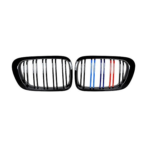1 Pair Front Hood Kidney Grille Compatible with 1999-2002 E46 2-Door Pre-LCI (Glossy Black + M-Color, Double Line)