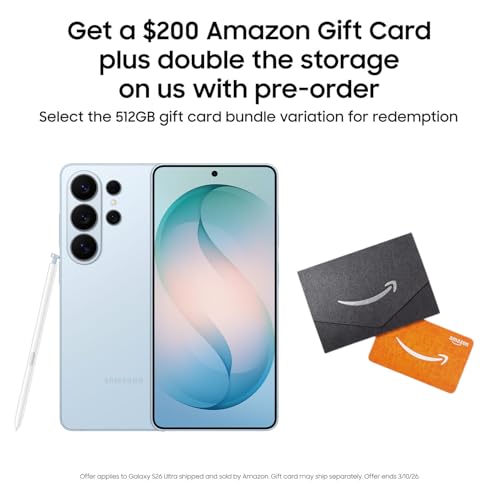 Samsung Galaxy S26 Ultra, Unlocked Android Smartphone + $200 Gift Card, 512GB, Privacy Display, Galaxy AI, AI Camera, Super Fast Charging 3. 0, Durable Battery, 2026, Sky Blue