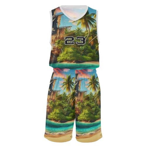 FLildon Tropic Pirate Ship Boys Basketball Jersey Set Tank Top Shorts Tracksuit Sport Training Suit for Kids