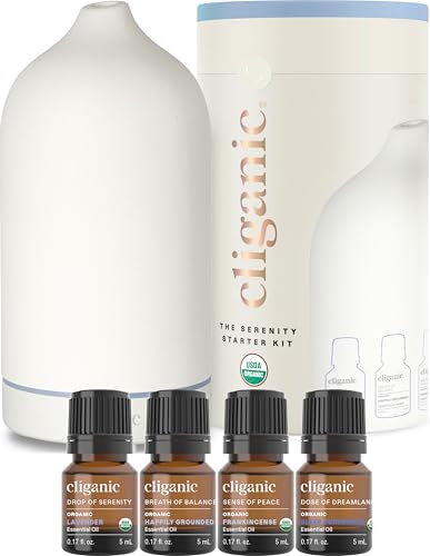 Cliganic Serenity Essential Oils Starter Kit with Diffuser Set for Aromatherapy, Home & Office (White)