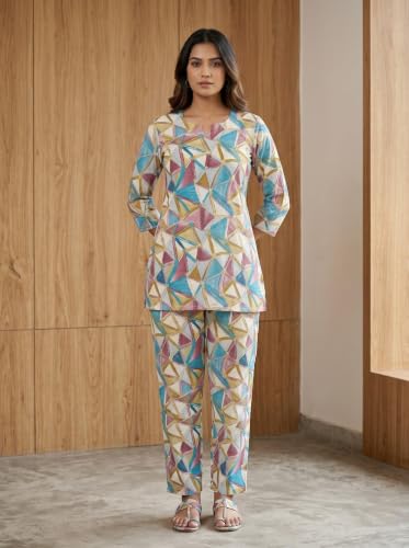 Image of Women's Printed Crepe Co-Ord Set | Stylish 2 Piece Printed Tunic Top with Matching Pants | Trendy Casual Wear, Office Wear, and Daily Outfits