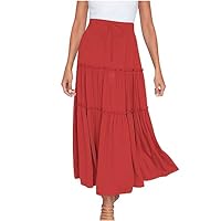 Womens Summer Skirt Elastic High Waisted Bohemian Maxi Skirts Swing Ruched Tiered Ruffle Hem Long Skirt with Pockets Solid Color Casual Loose Boho A-Line Skirts