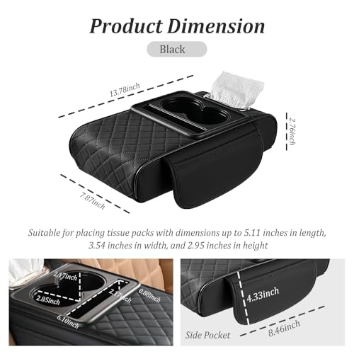 Image of 5-in-1 Car Center Console Cover,Multifunctional Arm Rest Cover for Car with Cup Holder,Phone Holder,Pocket,Car Tissue Holder,Leather Height Enhancement Car Armrest Cushion for Most Cars (Black)