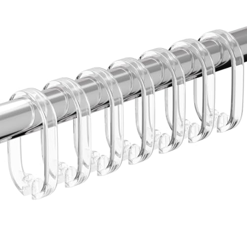 Resze 24 PCS Clear Shower Curtain Hooks with Fixed Locking Clips - Oval Anti-Slip Bath Rings, Durable Plastic Resin, Invisible Design,Rust Resistant Decorative Hooks for Bathroom,Kitchen,Bedroom