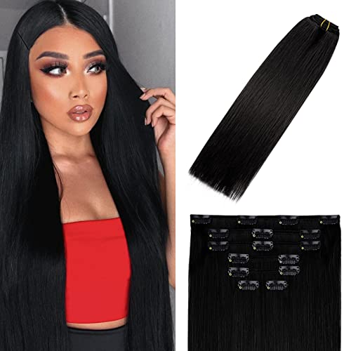 Clip In Hair Extensions Human Hair Jet Black 18Inch 70g #1 7PCS Solid Black Hair Extensions for women for Brown Hair Remy Hair