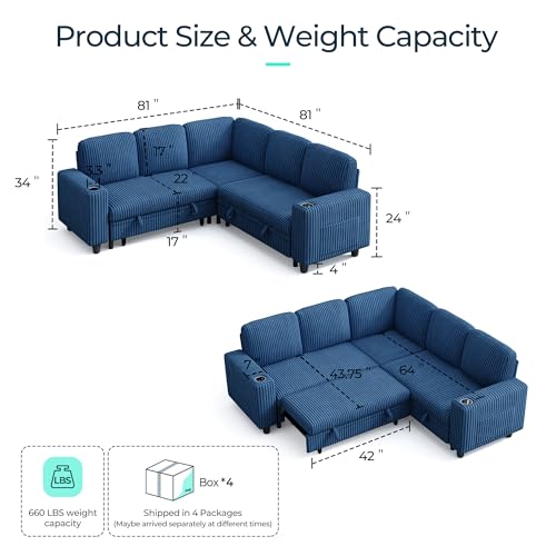 Image of LINSY HOME Sleeper Sofa Bed with Pull Out Couch Modular Sectional Sofa (Blue, Sleeper Sofa 2) | Pull Out Sofa Bed, USB Charging, Cup Holders, Plush Corduroy, Storage