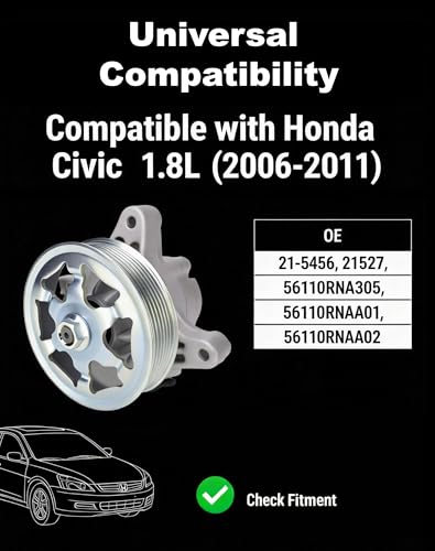 Image of 21-5456 Steering Pump with Pulley Compatible with 2006-2011 Honda Civic | Flecto, Compatible with 1.8L Civic models, Replaces 56110-RNA-A01, 56110-RNA-A02 and 56110-RNA-305