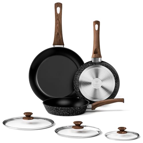 Image of Innerwell Frying Pan Set With Lids - Non Stick Frying Pans Set 3 Pcs, Nonstick Skillet Pans Set Egg Omelette Pan W/Lid, PFOA Free, Induction Non Toxic Cooking Black Pan Set