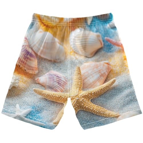 DOMIKING Seashells Starfish Sand Beige Boys' Pull On Swim Trunks Quick Dry Boardshorts with Mesh Lining for Kids Boys M2