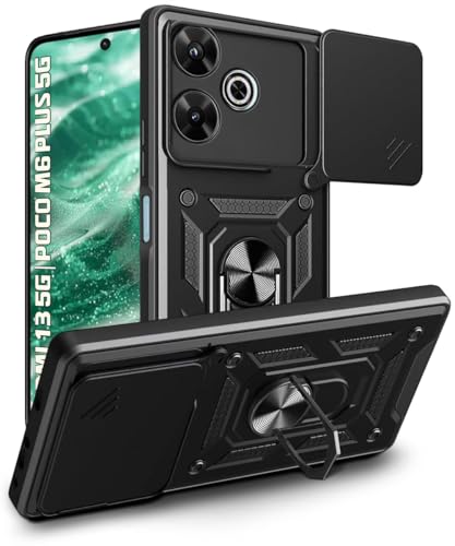 Image of WOW IMAGINE Tough Armor Bumper Mobile Back Case for Mi Redmi 13 5G | Poco M6 Plus 5G | Sliding Camera Shield Cover | Shock Proof 360 Protection | Hybrid PC + TPU | Ring Holder with Kickstand - Black
