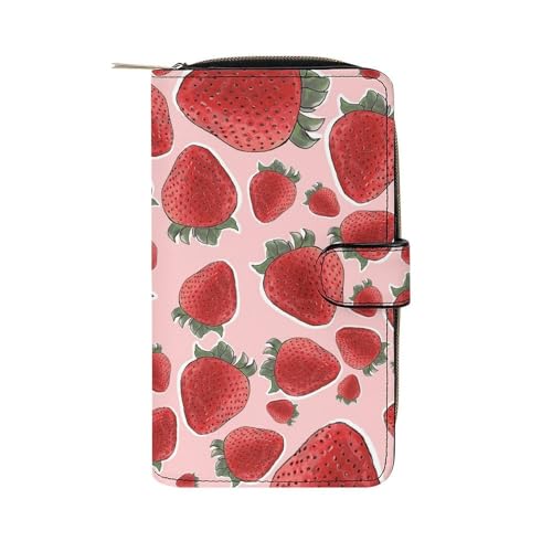 Portefeuille en cuir rose fraise de grande capacité en cuir véritable