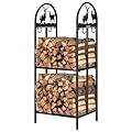VIVOHOME 3ft 2-Tier Firewood Storage Log Rack with 4 Hanging Hooks, Double Coated Solid Wrought Iron Fireplace Wood Holder Stacker Stand with Elk Pattern for Indoor Outdoor