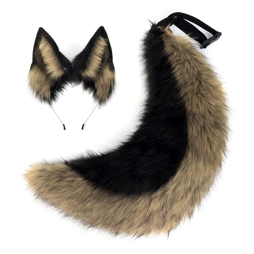 WanwanHut Faux Fur Wolf Ears Headband & Fox Tail Set - Thick Plush Fox Tail for Furry Costume & Fursuit - Features Wolf & Fox Ears and Tail - Ideal Halloween Accessories for Cosplay Parties Prom