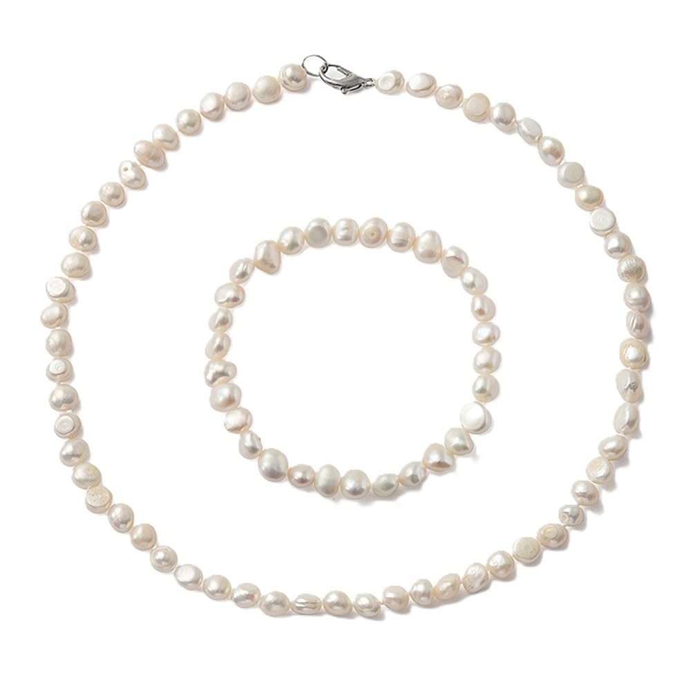 TreasureBay - Elegante set di collana di perle d'acqua dolce naturali bianche