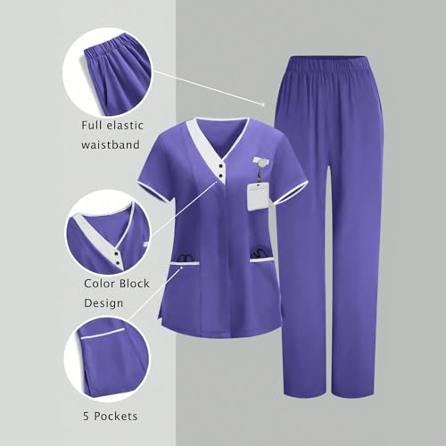 Image of 2026 Scrub for Cleaning Jobs Uniform, Multi Pockets Scrubs for Women Sets, V-Neck Top & Straight Leg Pants Scrubs Set