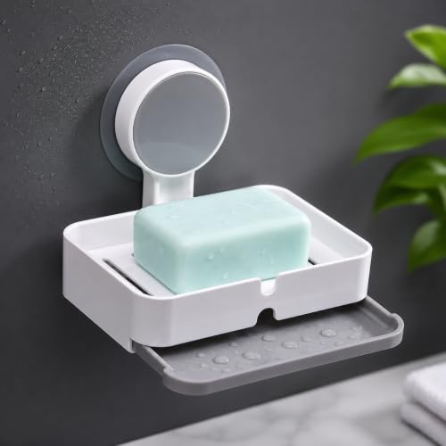 Image of Zollyss Self Adhesive Soap Holder for Bathroom & Kitchen | No Drill Wall Mounted Soap Dish with Drain Tray | Waterproof ABS Plastic