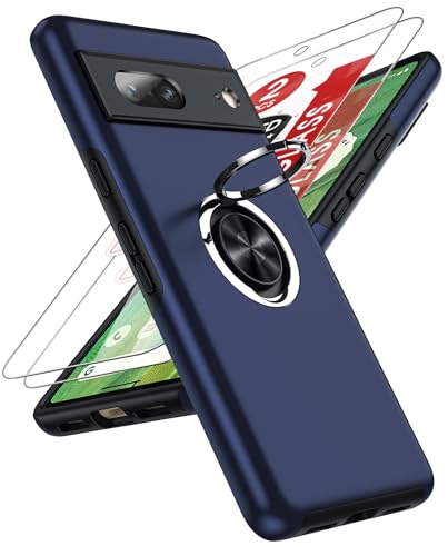 LeYi for Google Pixel 7 Phone Case with 2 Screen Protector and Invisible Metal Ring Stand Holder Shockproof Protective Mobile Cover for Googlepixel 7 5G - Blue