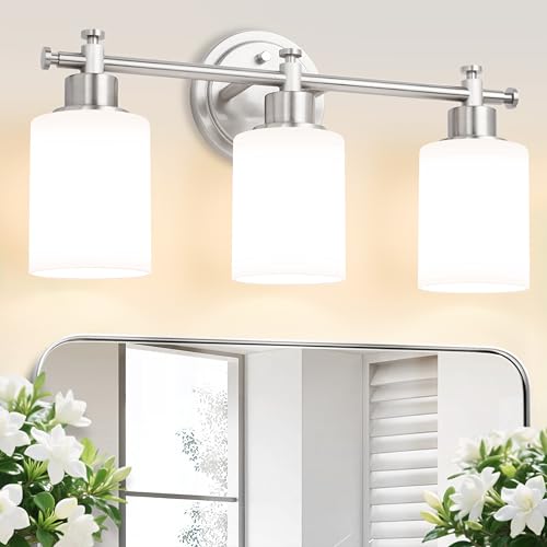 Image of 3-Light Bathroom Vanity Light Fixtures, Brushed Nickel Bathroom Wall Sconce, Modern Vanity Light with Milky White Glass Shade Over Mirror, Bathroom, Bedroom, E26 Base, 17 Inch