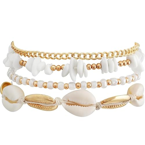 4PCS Handmade Boho Anklet for Women Shell Bracelet Set for Women Gold Boho Bead Adjustable Anklet Hawaiian Beach Seashell Pearl Heart Starfish Conch Foot Jewelry Gifts (golden 4pcs)