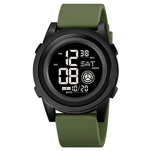 CakCity Digital Watch Men Waterproof Sports Watches for Men Stopwatch Wristwatch with Alarm LED Back Light Rubber Strap, Green, sport