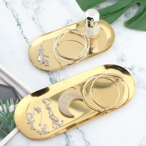 Image of Golden Stainless Steel Decorative Trays and Oval Jewelry Dishes (2 Pcs) | Elegant cosmetic vanity organizers, perfume and key storage holder trays for bathroom dresser counter.