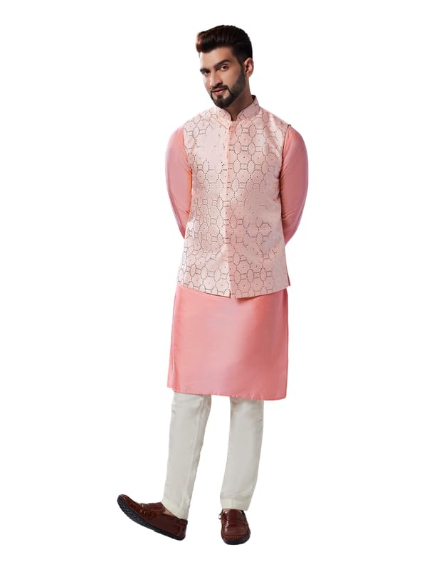 Image of KISAH Men Printed Kurta Jacket Set, Full Sleaves, Knee Length, Straight, Regular Fit, Mandarin Collar Ethnic Wear