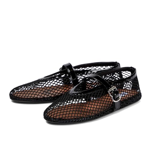 DOEYG Schwarze Netz-Ballerinas für Damen, runde Zehenpartie...
