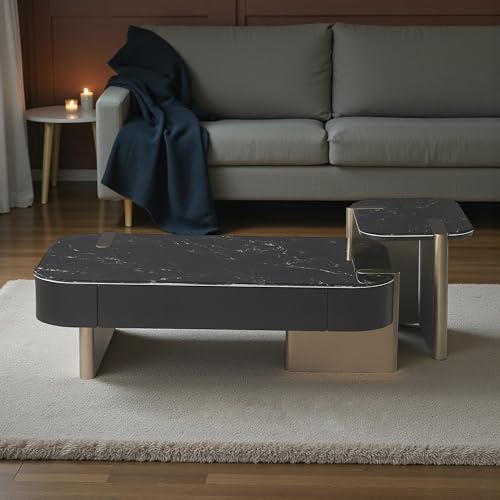 Image of The Attic Obsidian Luxe Modern Black Marble & Gold Coffee Table Set - Dual-Tier Designer Center Table with Storage for Living Room Elegance