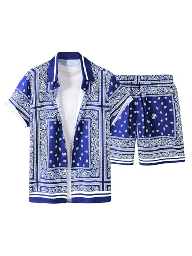 Men's 2 Piece Summer Outfits Paisley Boho Short Sleeve Button Down Shirts and Short Sets Tracksuit