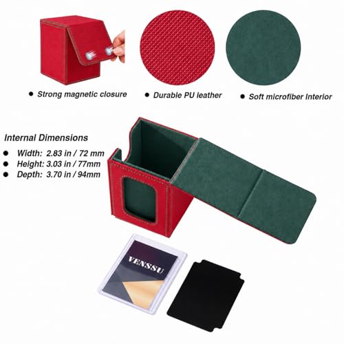 Image of Venssu MTG Deck Box with Commander Display, Card Deck Box Fits 100 Double Sleeved Cards, TCG with 2 Dividers and 1 Toploader (Red and Green)