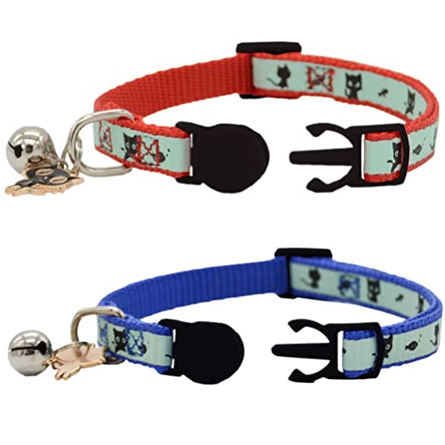 Image of 2 Pack Glow in The Dark Cat Collar with Bell Breakaway Safety Cat Puppy Collars with Pendant Red and Blue