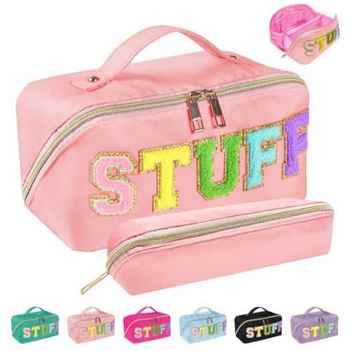 Huifen 2pcs Preppy Makeup Bag, Stoney Clover Travel Toiletry Pouch Chenille Letter Make Up Bags Girls Cute Cosmetic Bag Wedding Birthday Mothers Day Gifts for Women Stuff Bag (Pink)