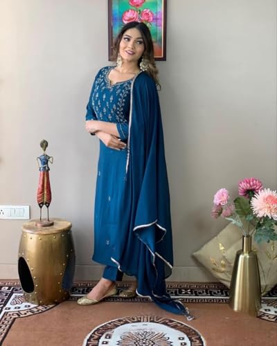 Image of Rainbow Creations Woman's Cotton Blend Kurta Palazzo and Dupatta Set