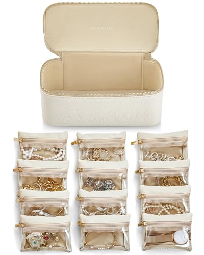 Vlando Organiseur de bijoux de voyage, boîte à bijoux en cuir synthétique avec 12 pochettes à bijoux en velours, étui à bijoux pour collier, bague,...