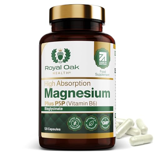 Magnesium Bisglycinate 200mg Plus P5P Vitamin B6 x120 Capsules | Advanced Chelated Formula for Optimal Absorption 200mg of High Strength Elemental Magnesium - Vegan & UK Made by Royal Oak Health