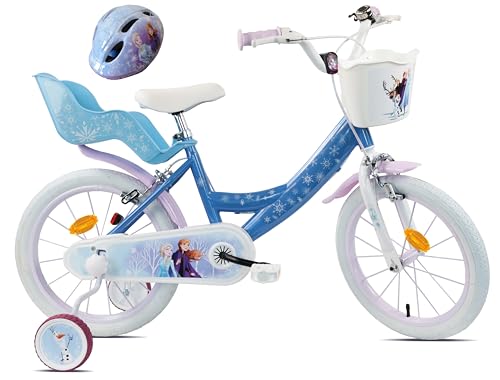 Vélo Enfant 16'' Fille Reine des Neiges/Frozen équipé de 2 Freins, Panier Avant, Porte poupée arrière, Garde-boues et Stabilisateurs + Casque Frozen...