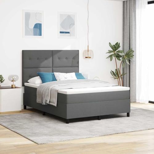 QUAHEAS Cama con somier con colchón, gris oscuro, 140 x 200 cm, funda de tela, cabecero ajustable, marco de madera de pino, resistencia media, para dormitorio